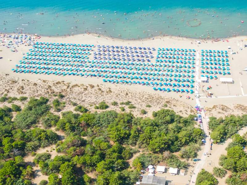 Aerial view of the fully equipped beach, Tuscany